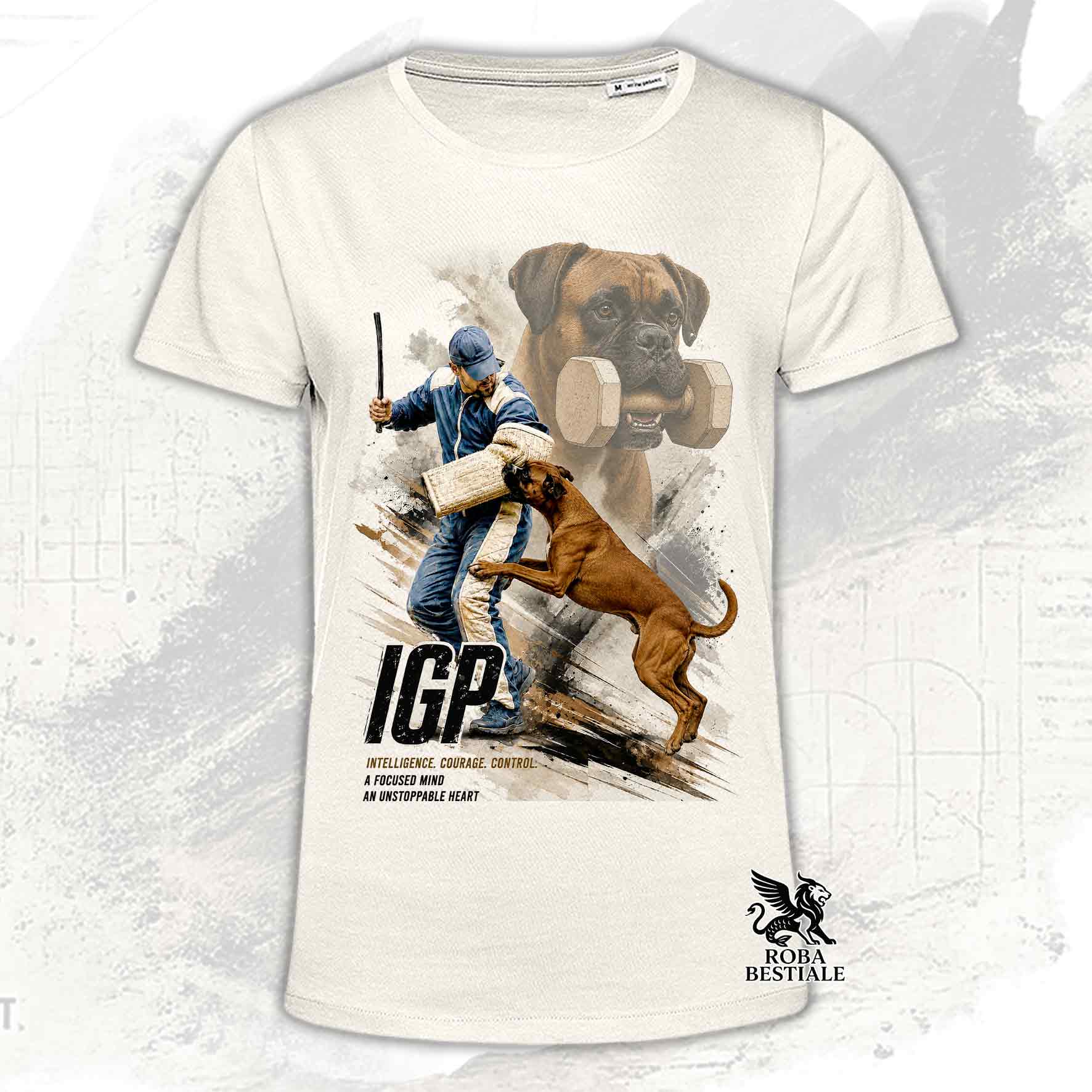 T-shirt beige stampata con un Boxer in una grafica dedicata all'IGP, collezione Zero DIstance di Roba Bestiale
