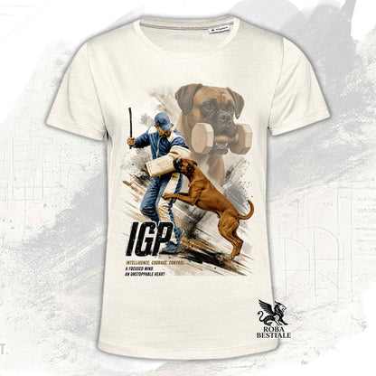 T-shirt beige stampata con un Boxer in una grafica dedicata all'IGP, collezione Zero DIstance di Roba Bestiale
