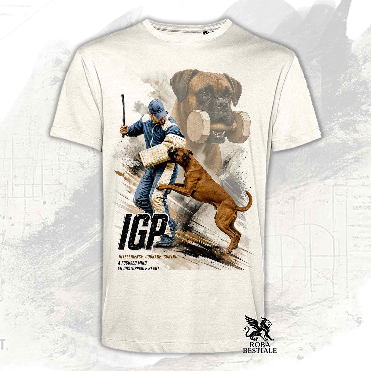 T-shirt beige stampata con un Boxer in una grafica dedicata all'IGP, collezione Zero DIstance di Roba Bestiale