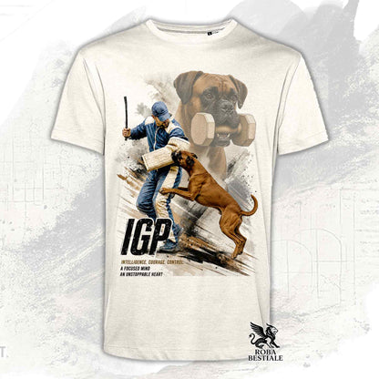 T-shirt beige stampata con un Boxer in una grafica dedicata all'IGP, collezione Zero DIstance di Roba Bestiale