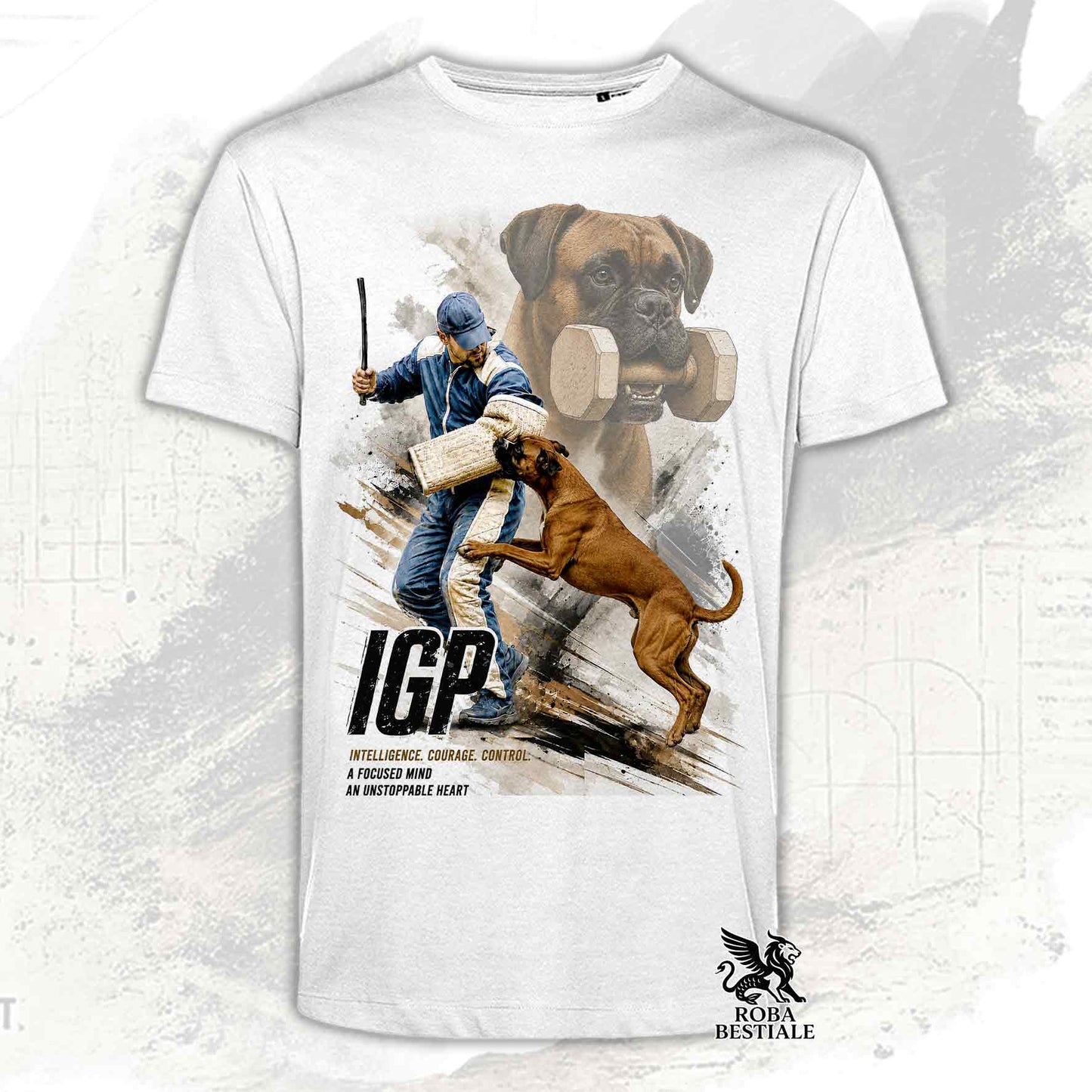 T-shirt bianca stampata con un Boxer in una grafica dedicata all'IGP, collezione Zero DIstance di Roba Bestiale