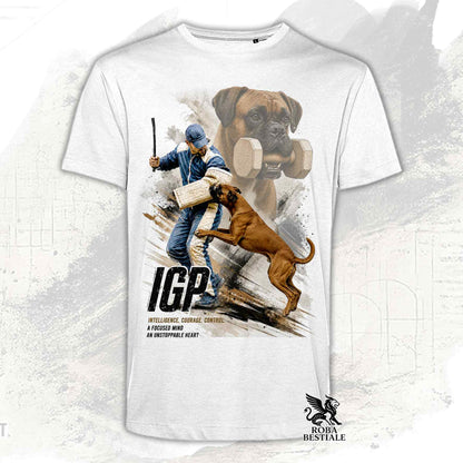 T-shirt bianca stampata con un Boxer in una grafica dedicata all'IGP, collezione Zero DIstance di Roba Bestiale