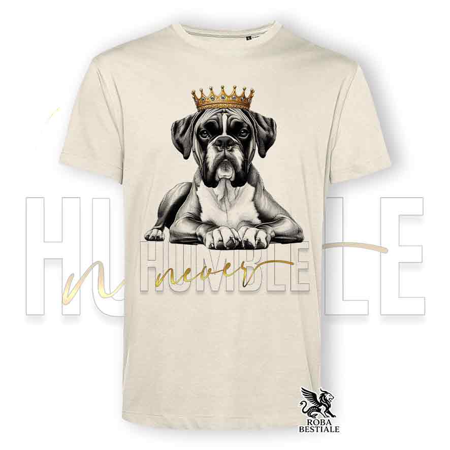 T-shirt stampata con un Boxer fulvo, colore beige con grafica Never Humble