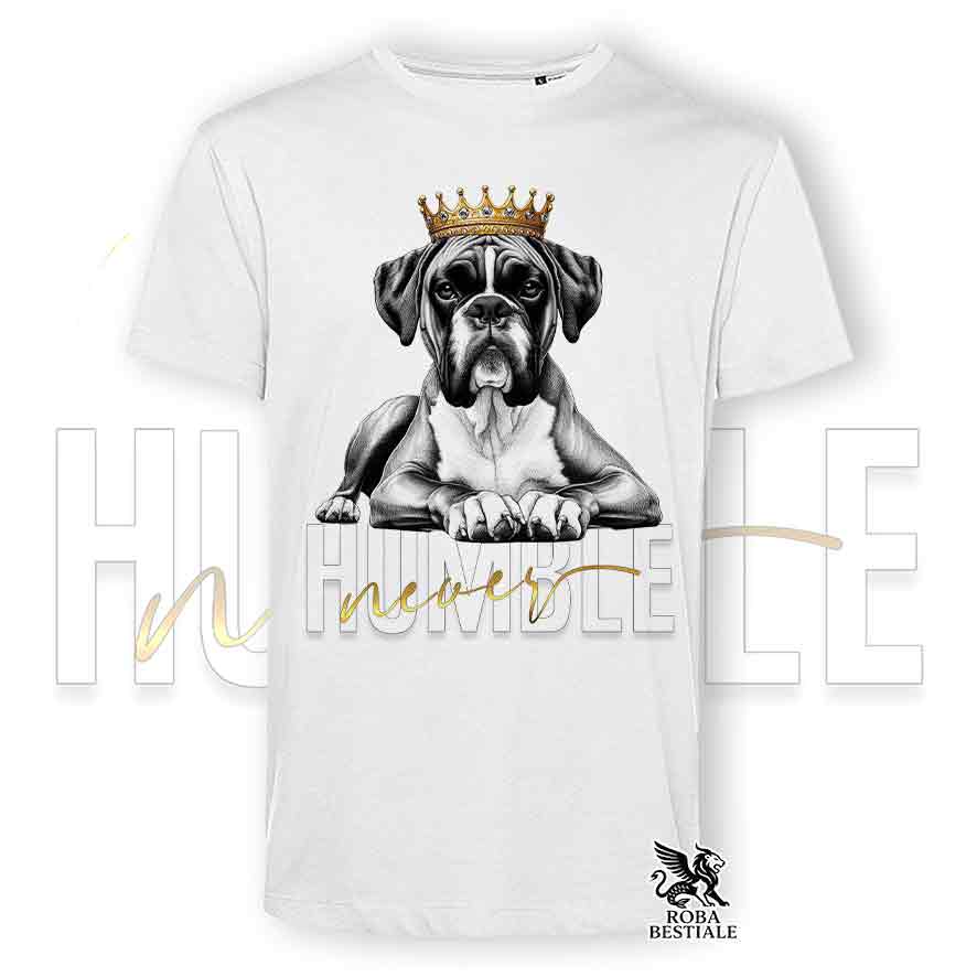 T-shirt stampata con un Boxer fulvo, colore bianco con grafica Never Humble