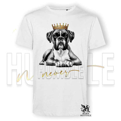 T-shirt stampata con un Boxer fulvo, colore bianco con grafica Never Humble