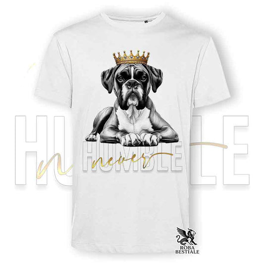 T-shirt stampata con un Boxer fulvo, colore bianco con grafica Never Humble