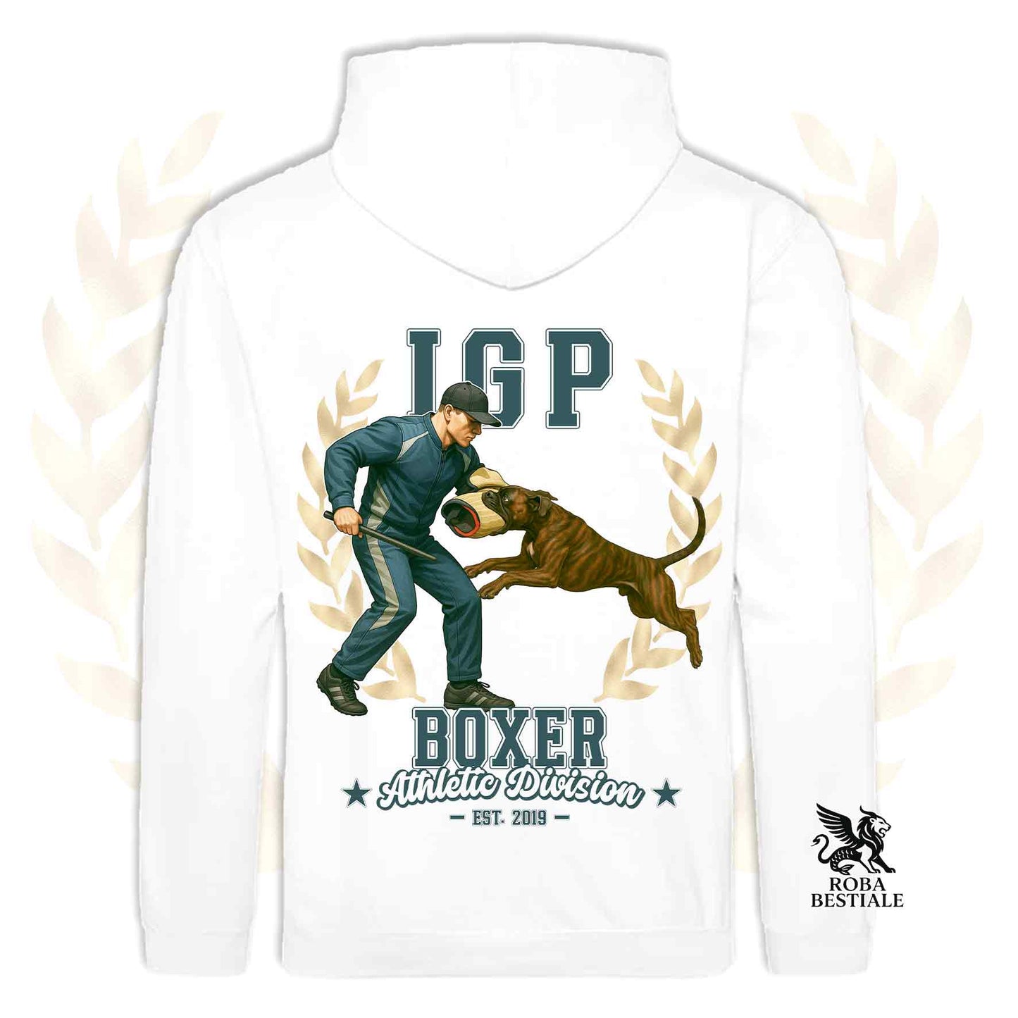 Una felpa con cappuccio e tasconi stampata con un Boxer che fa IGP. Grafica originale Roba Bestiale