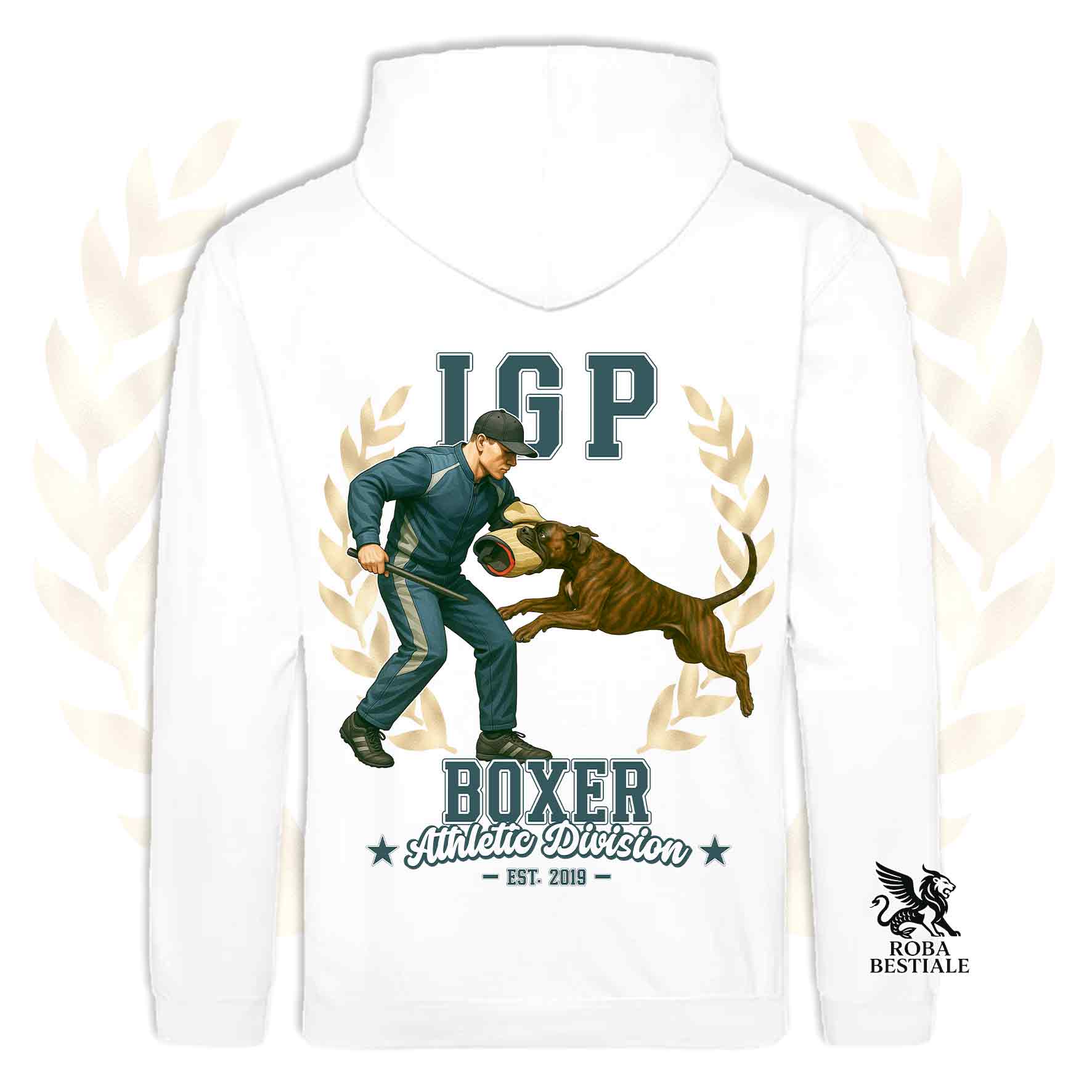 Una felpa con cappuccio e tasconi stampata con un Boxer che fa IGP. Grafica originale Roba Bestiale