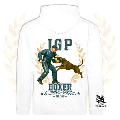 Una felpa con cappuccio e tasconi stampata con un Boxer che fa IGP. Grafica originale Roba Bestiale
