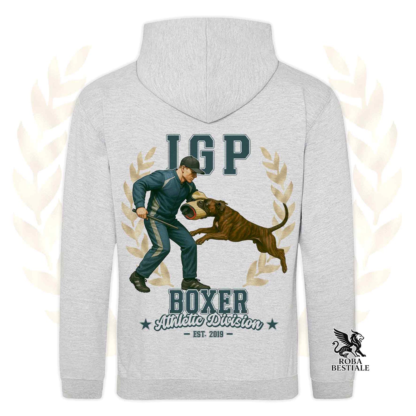 Una felpa con cappuccio e tasconi stampata con un Boxer che fa IGP. Grafica originale Roba Bestiale