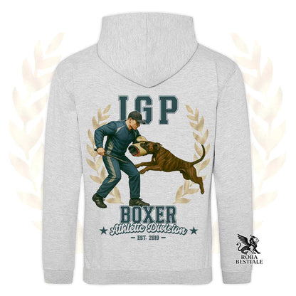 Una felpa con cappuccio e tasconi stampata con un Boxer che fa IGP. Grafica originale Roba Bestiale