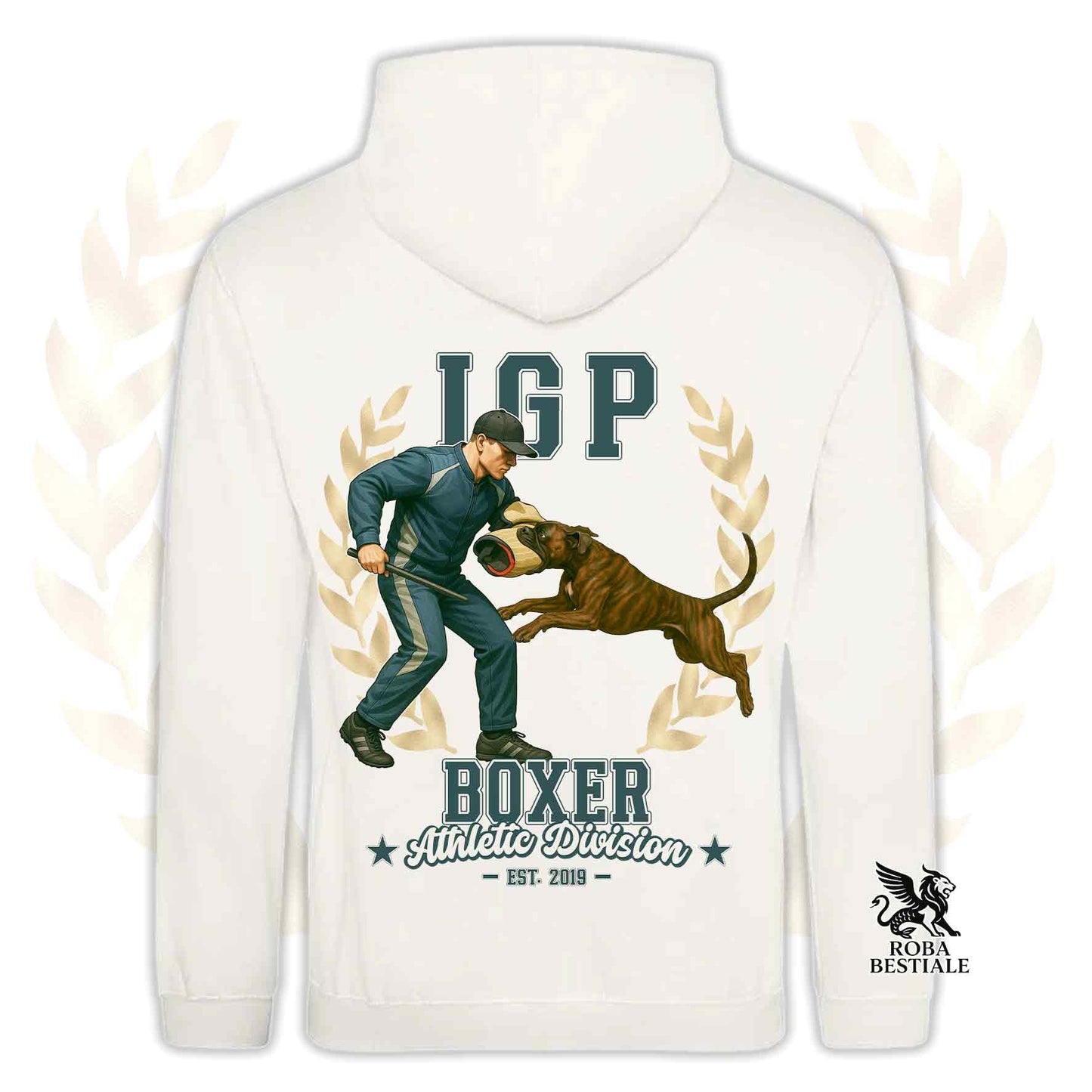 Una felpa con cappuccio e tasconi stampata con un Boxer che fa IGP. Grafica originale Roba Bestiale