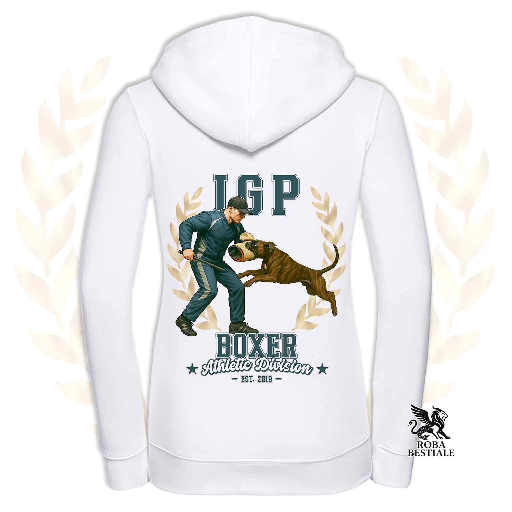 Una felpa con cappuccio e zip stampata con un Boxer che fa IGP. Grafica originale Roba Bestiale