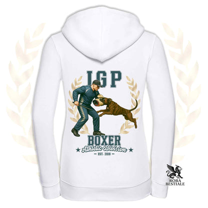 Una felpa con cappuccio e zip stampata con un Boxer che fa IGP. Grafica originale Roba Bestiale