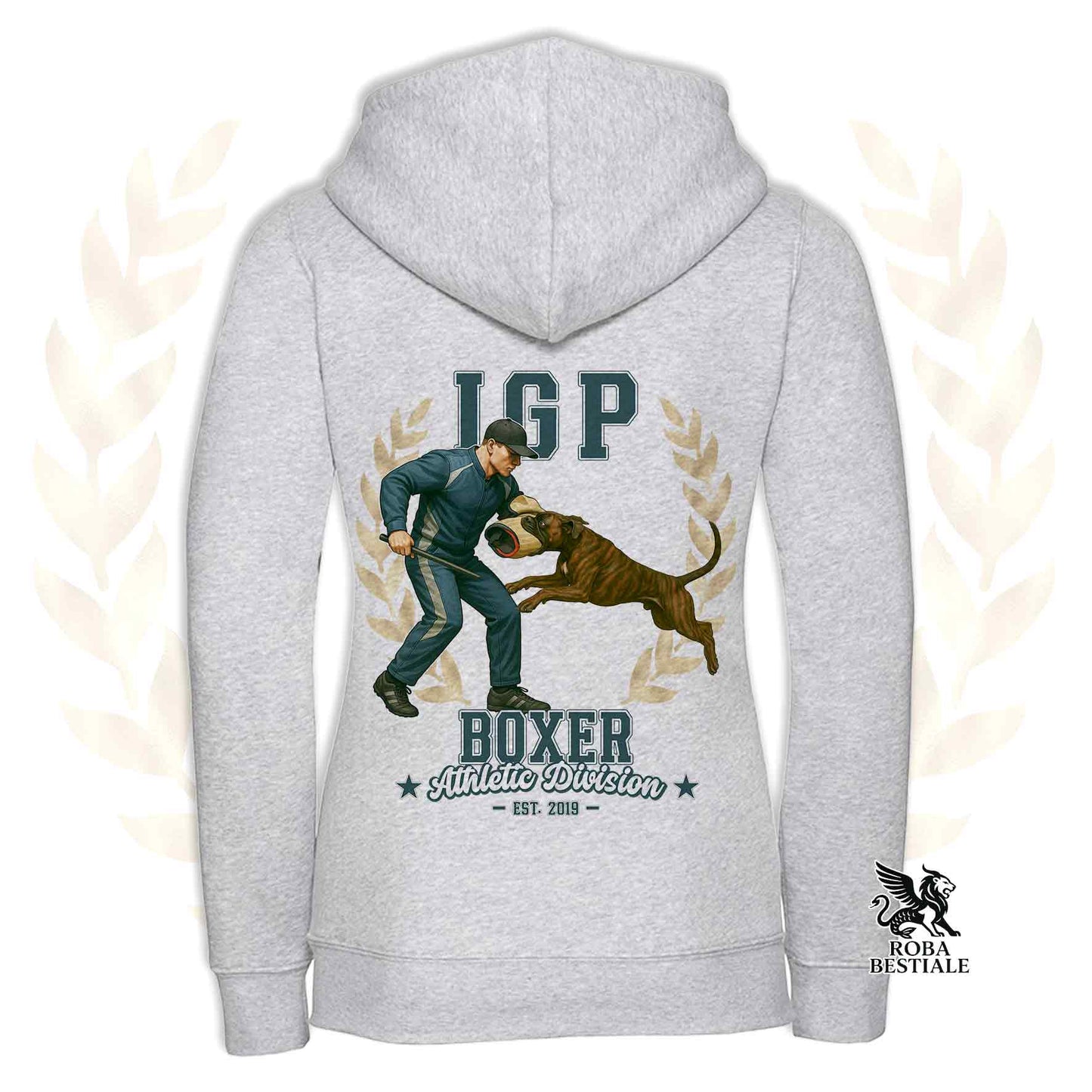 Una felpa con cappuccio e zip stampata con un Boxer che fa IGP. Grafica originale Roba Bestiale