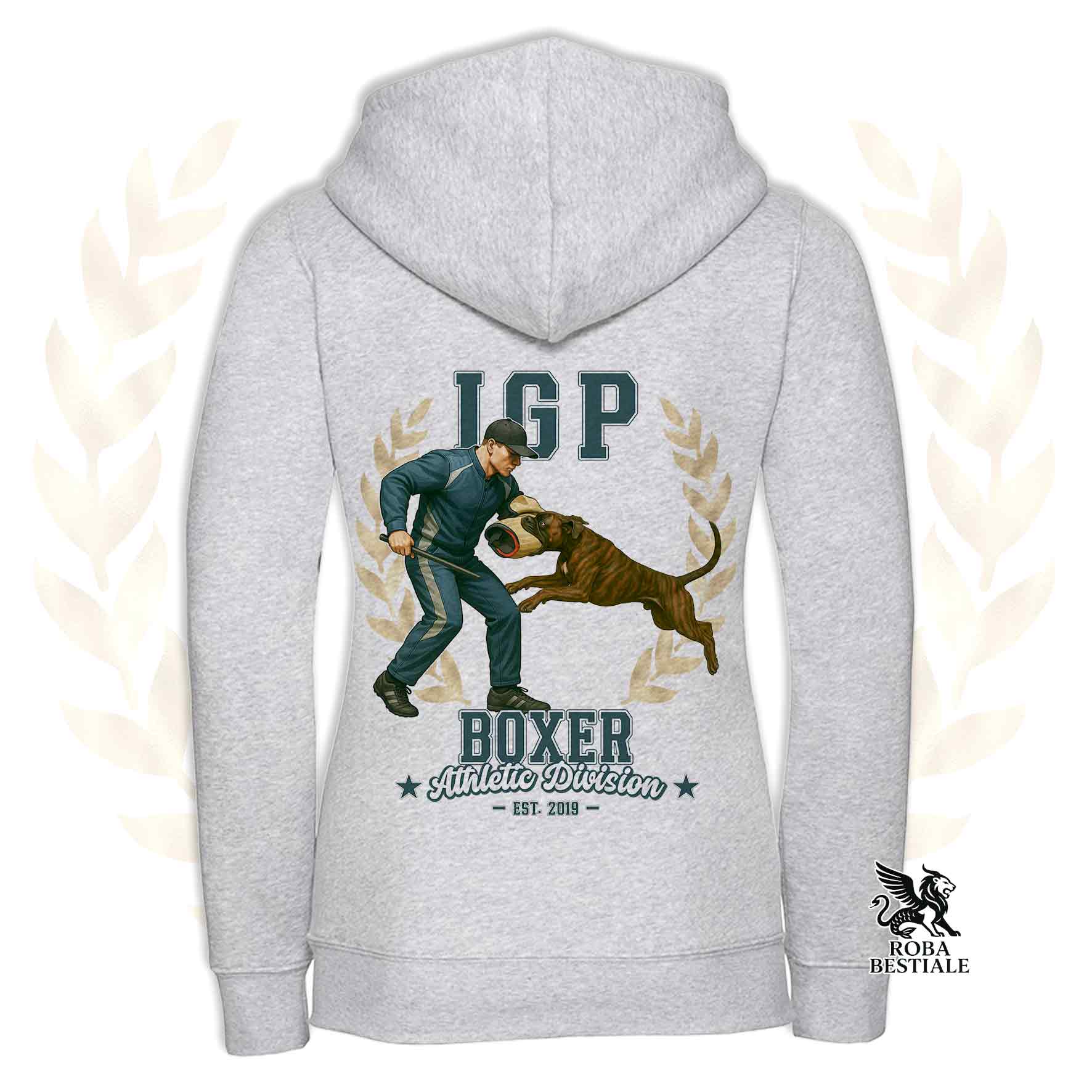 Una felpa con cappuccio e zip stampata con un Boxer che fa IGP. Grafica originale Roba Bestiale