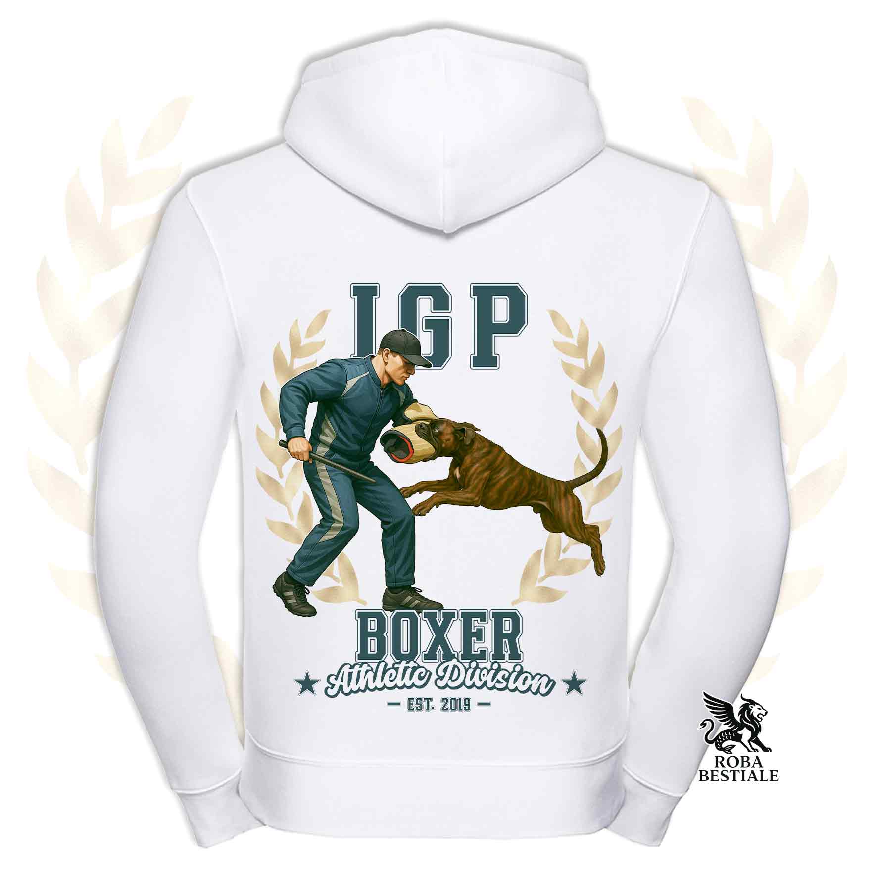 Una felpa con cappuccio e zip stampata con un Boxer che fa IGP. Grafica originale Roba Bestiale