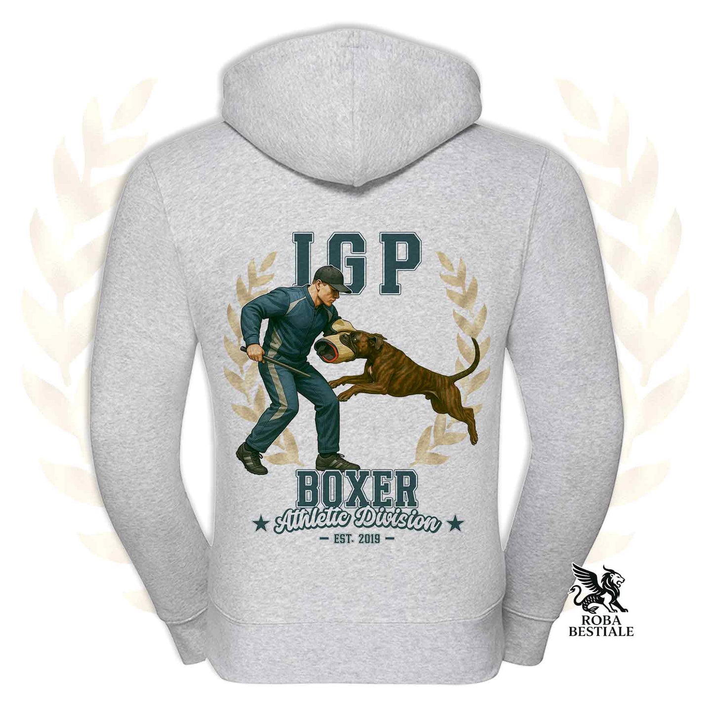 Una felpa con cappuccio e zip stampata con un Boxer che fa IGP. Grafica originale Roba Bestiale