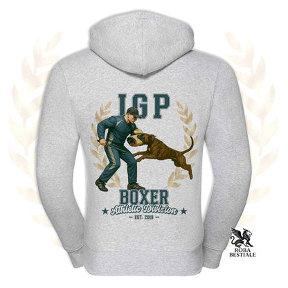 Una felpa con cappuccio e zip stampata con un Boxer che fa IGP. Grafica originale Roba Bestiale
