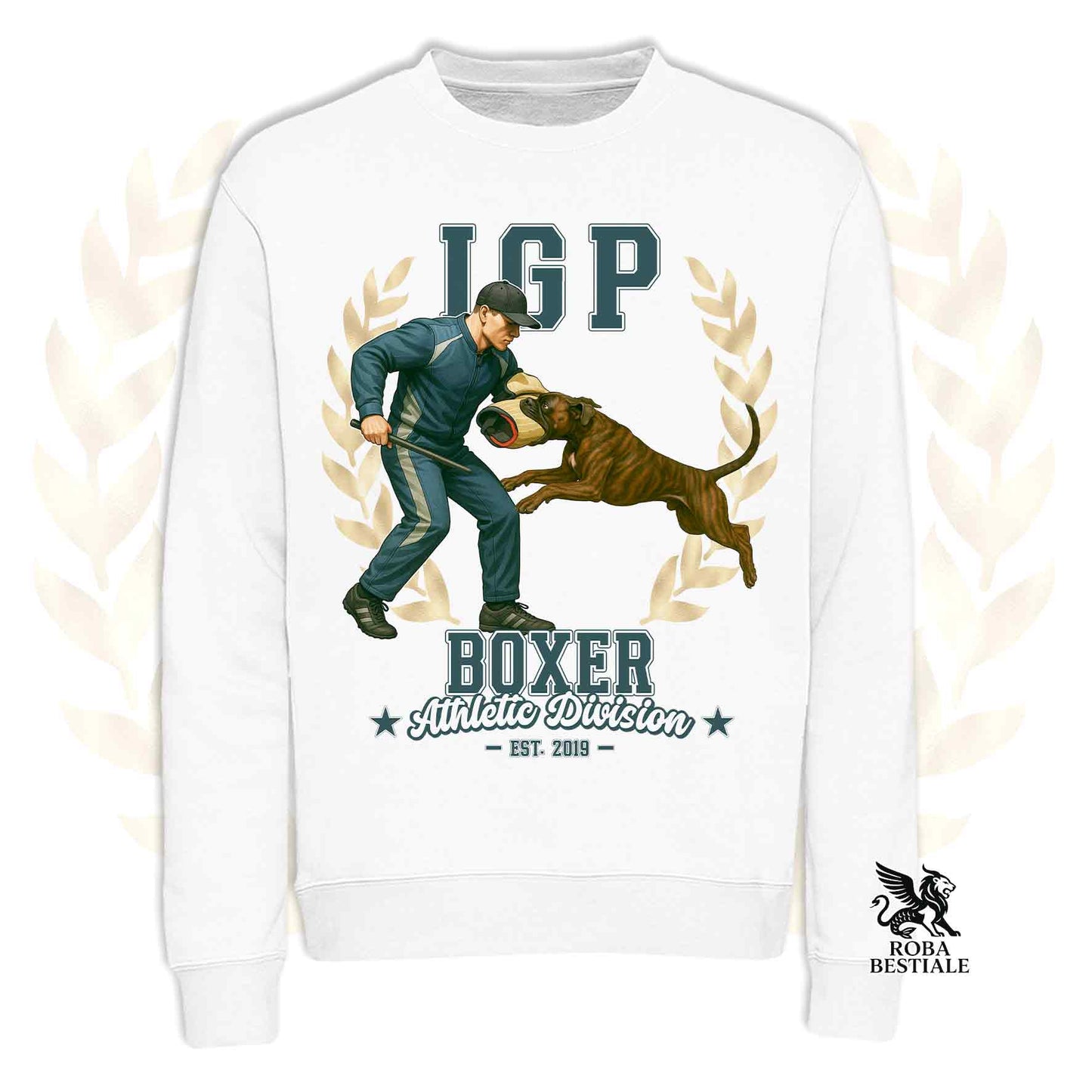 Una felpa girocollo stampata con un Boxer che fa IGP. Grafica originale Roba Bestiale