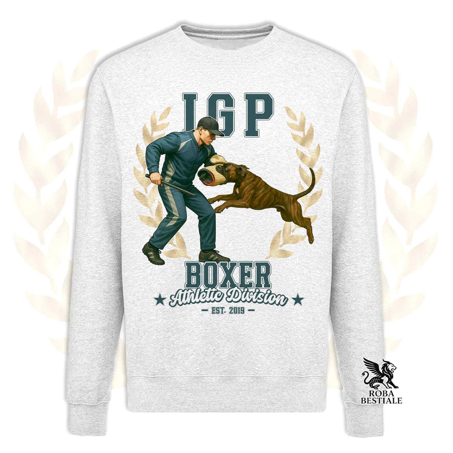 Una felpa girocollo stampata con un Boxer che fa IGP. Grafica originale Roba Bestiale