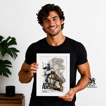 Stampa con cornice in legno con un Boxer che pratica IGP. Grafica Zero Distance, originale Roba Bestiale