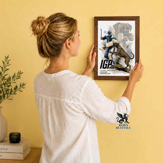 Stampa con cornice in legno con un Boxer che pratica IGP. Grafica Zero Distance, originale Roba Bestiale