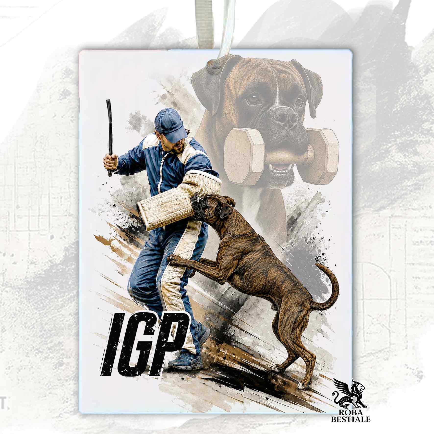 Profumatore in feltro con la stampa di un Boxer che pratica IGP. Grafica originale Roba Bestiale