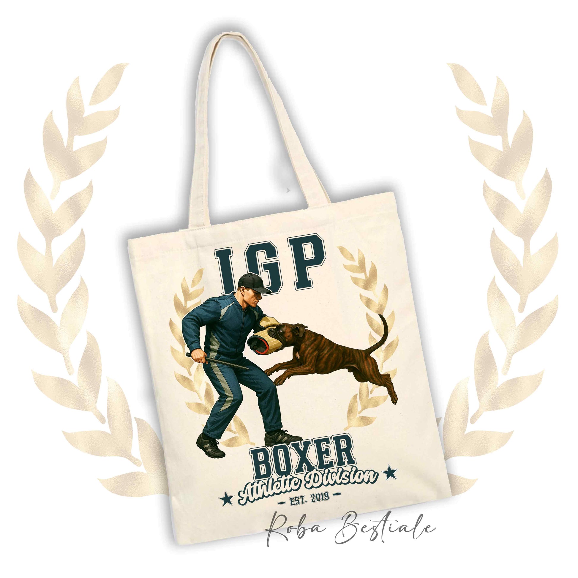 Borsa shopper stampata con un Boxer tigrato che fa IGP. Grafica originale Roba Bestiale