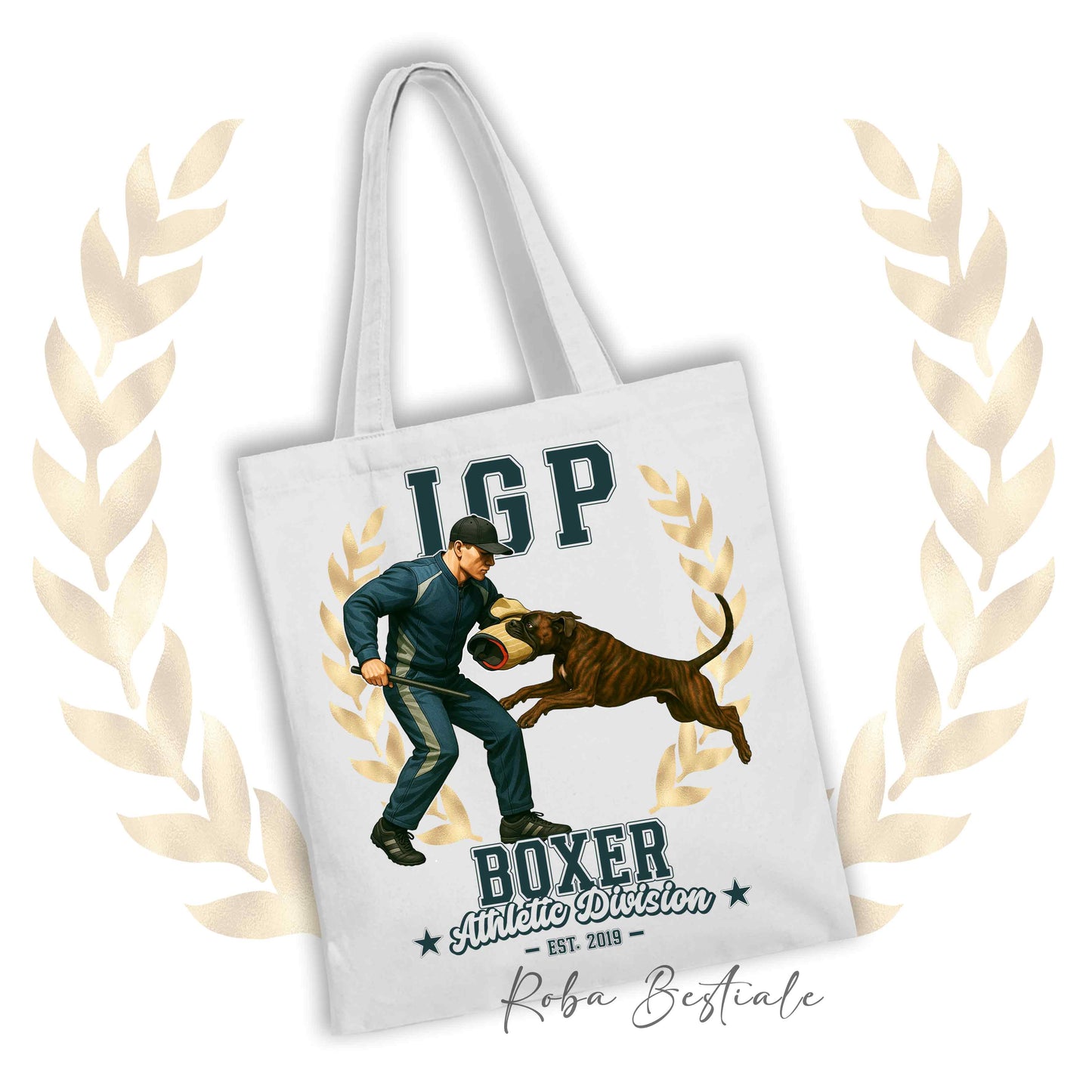 Borsa shopper stampata con un Boxer tigrato che fa IGP. Grafica originale Roba Bestiale