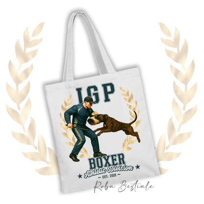 Borsa shopper stampata con un Boxer tigrato che fa IGP. Grafica originale Roba Bestiale