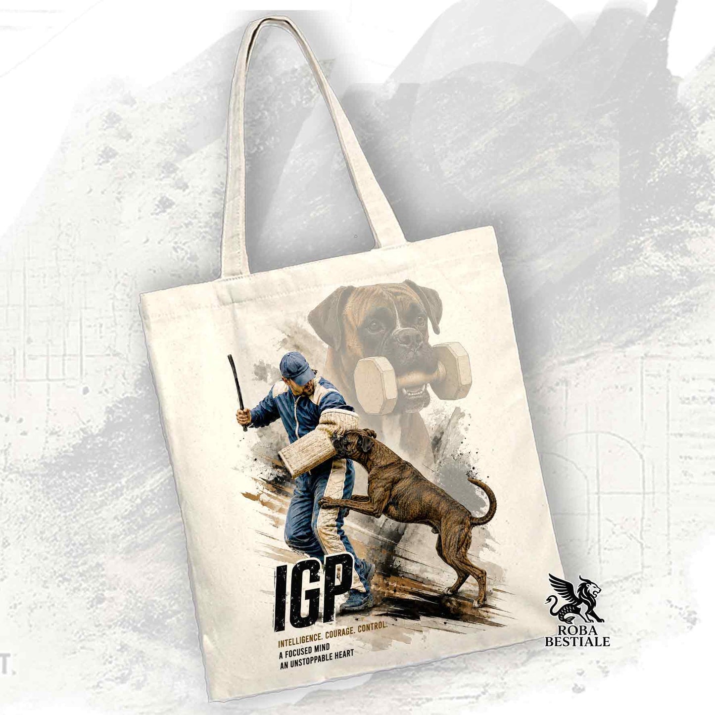 Borsa Tote beige con stampata una grafica originale di Roba Bestiale con un Boxer che fa IGP