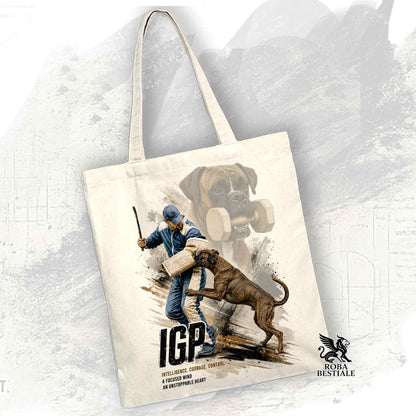 Borsa Tote beige con stampata una grafica originale di Roba Bestiale con un Boxer che fa IGP