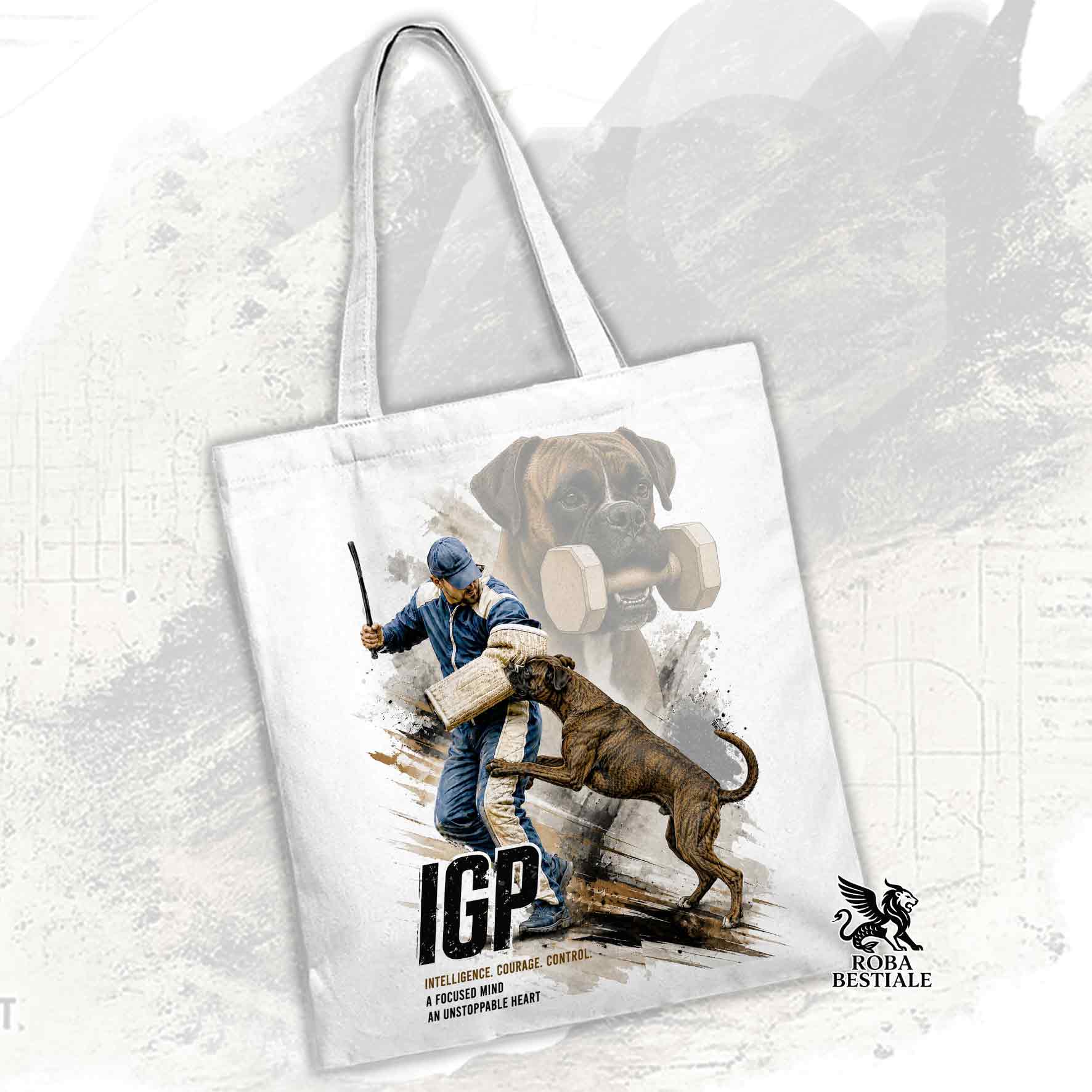 Borsa Tote bianca con stampata una grafica originale di Roba Bestiale con un Boxer che fa IGP