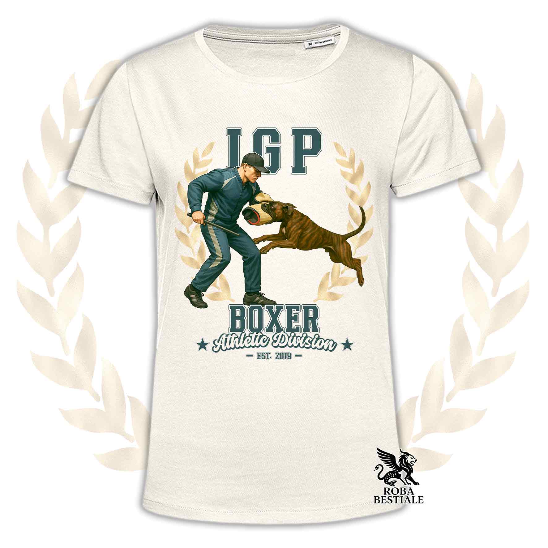 Una t-shirt stampata con un Boxer che fa IGP. Grafica originale Roba Bestiale