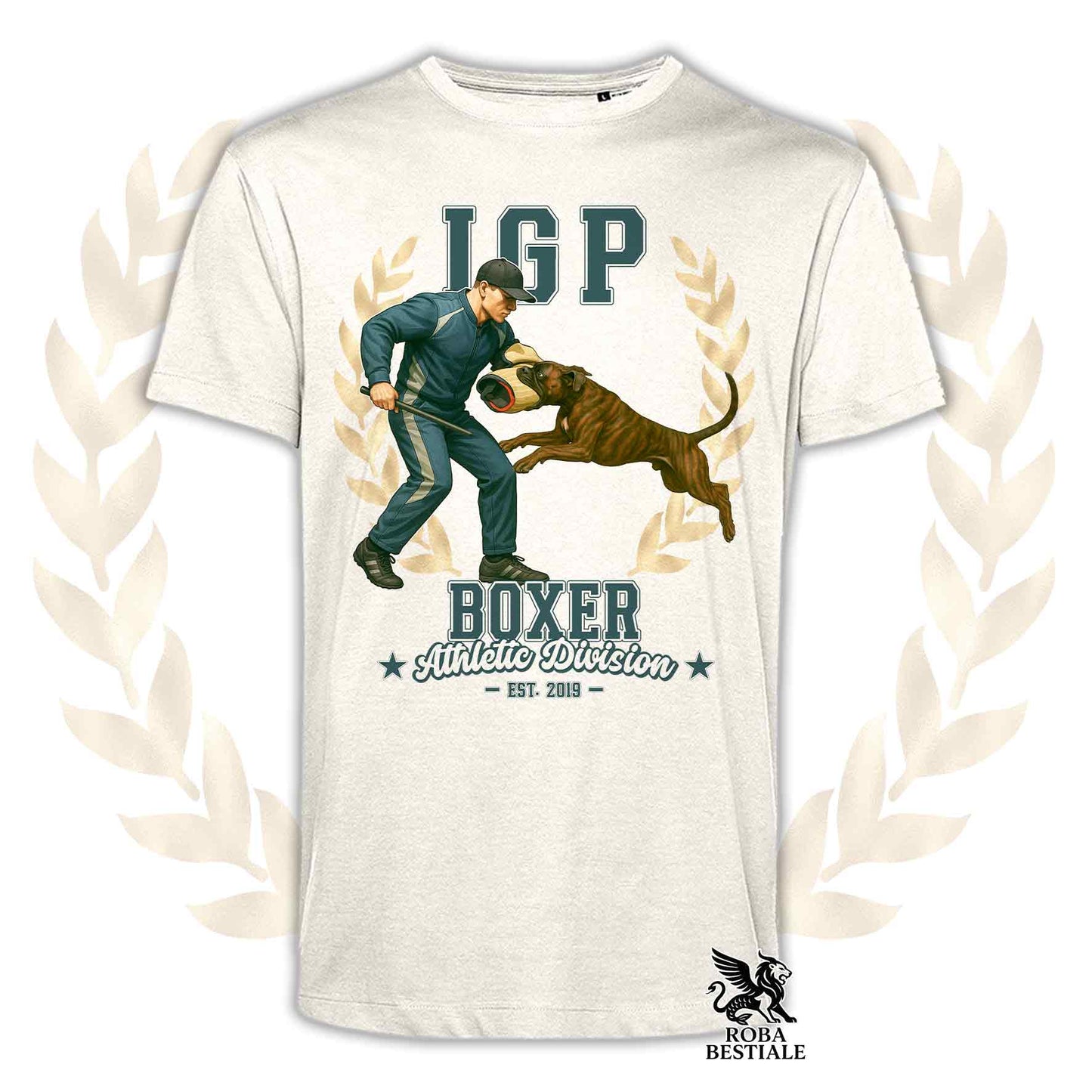 Una t-shirt stampata con un Boxer che fa IGP. Grafica originale Roba Bestiale