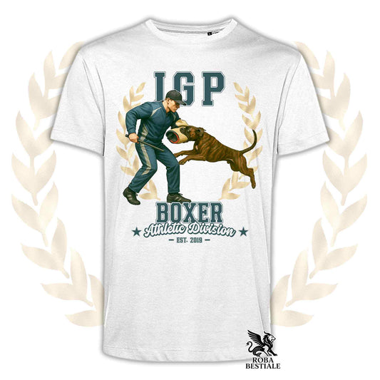 Una t-shirt stampata con un Boxer che fa IGP. Grafica originale Roba Bestiale