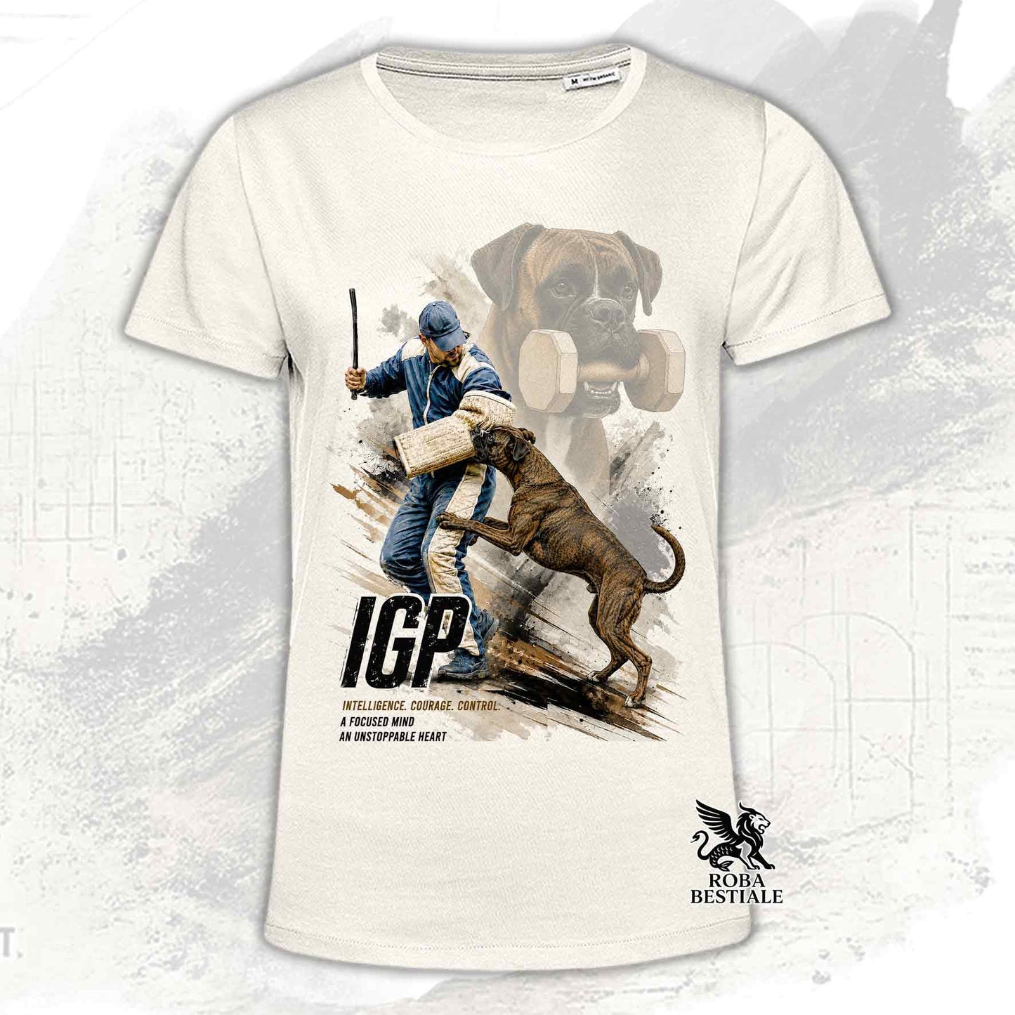 T-shirt beige stampata con un Boxer in una grafica dedicata all'IGP, collezione Zero Distance di Roba Bestiale