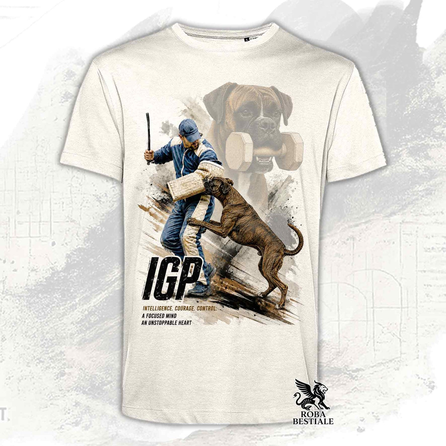 T-shirt beige stampata con un Boxer in una grafica dedicata all'IGP, collezione Zero Distance di Roba Bestiale