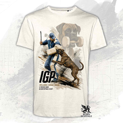 T-shirt beige stampata con un Boxer in una grafica dedicata all'IGP, collezione Zero Distance di Roba Bestiale