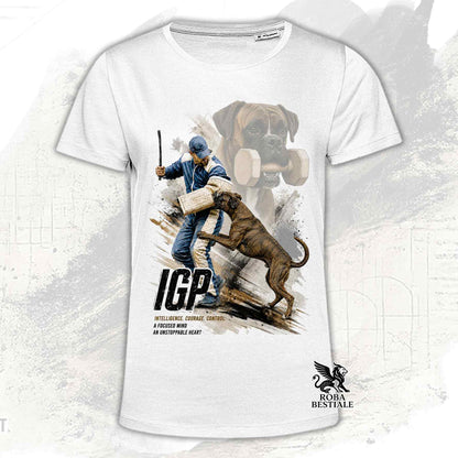 T-shirt bianca stampata con un Boxer in una grafica dedicata all'IGP, collezione Zero Distance di Roba Bestiale