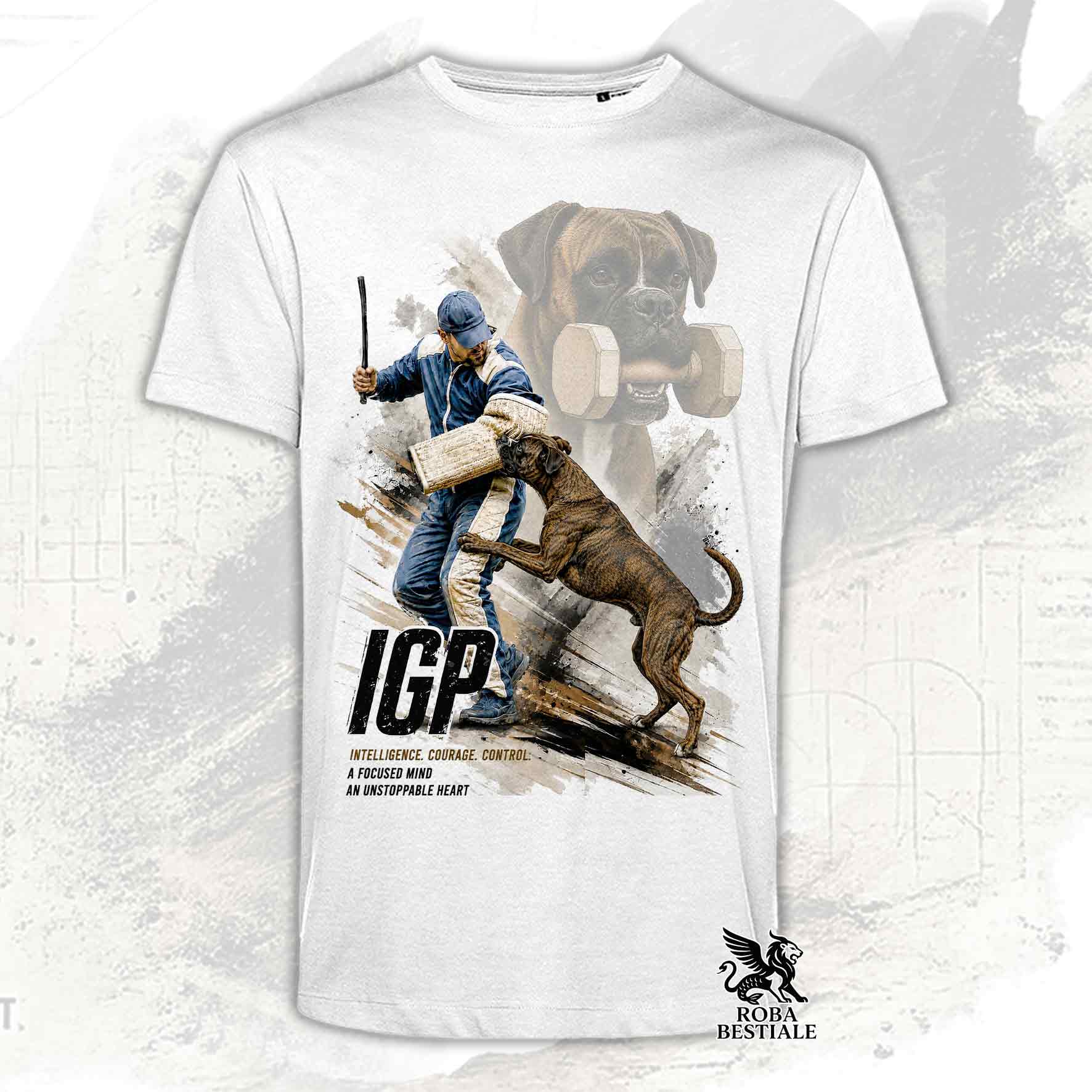 T-shirt bianca stampata con un Boxer in una grafica dedicata all'IGP, collezione Zero Distance di Roba Bestiale
