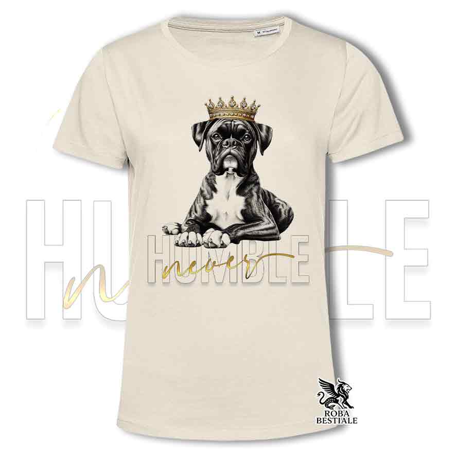 T-shirt stampata con un Boxer tigrato, colore beige con grafica Never Humble