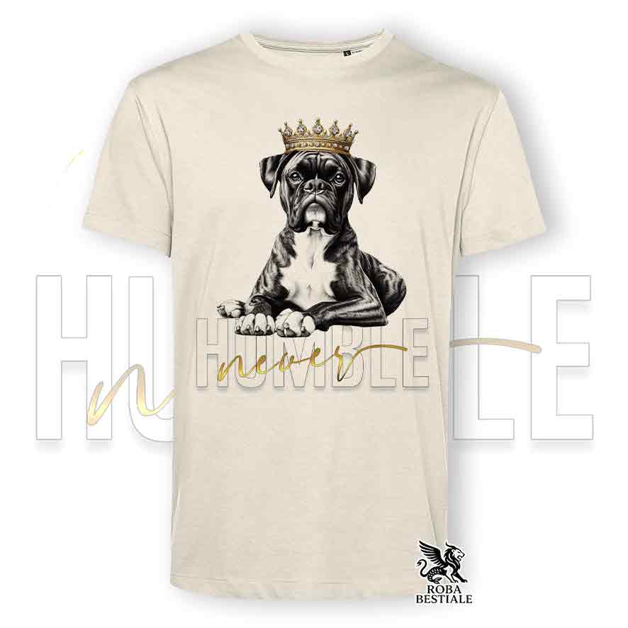 T-shirt stampata con un Boxer tigrato, colore beige con grafica Never Humble