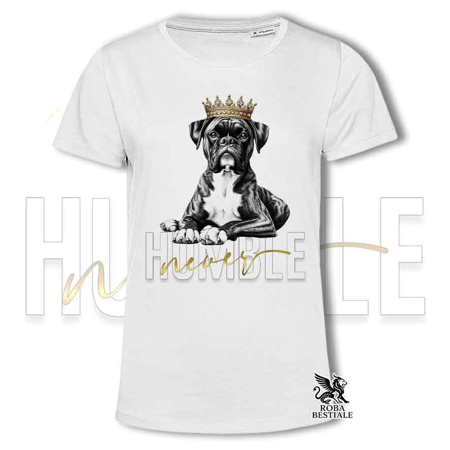 T-shirt stampata con un Boxer tigrato, colore bianco con grafica Never Humble