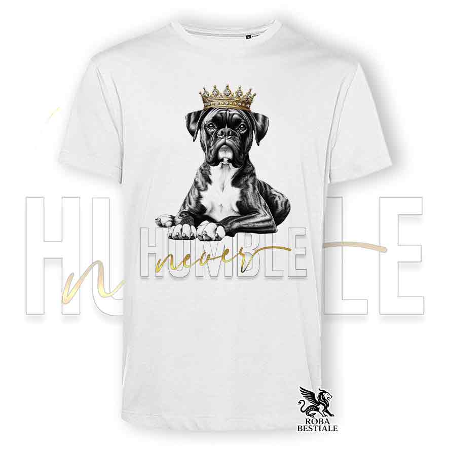 T-shirt stampata con un Boxer tigrato, colore bianco con grafica Never Humble