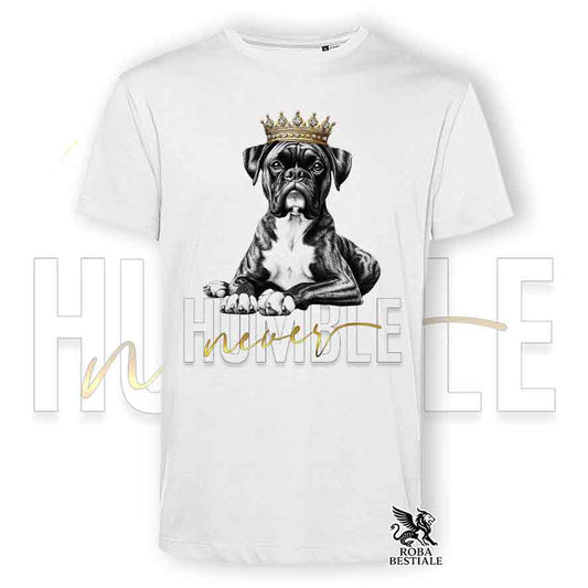 T-shirt stampata con un Boxer tigrato, colore bianco con grafica Never Humble