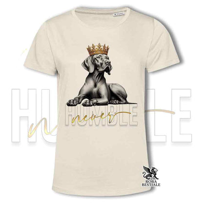 T-shirt stampata con un Bracco Ungherese a pelo corto "Vizla", colore beige con grafica Never Humble