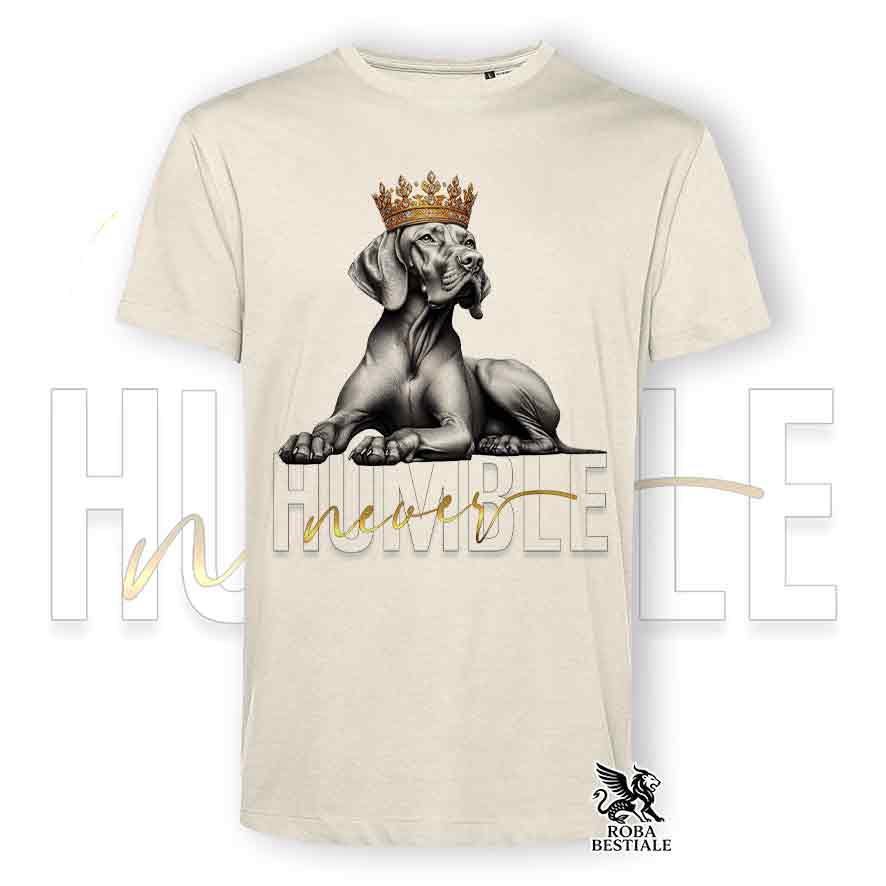 T-shirt stampata con un Bracco Ungherese a pelo corto "Vizla", colore beige con grafica Never Humble
