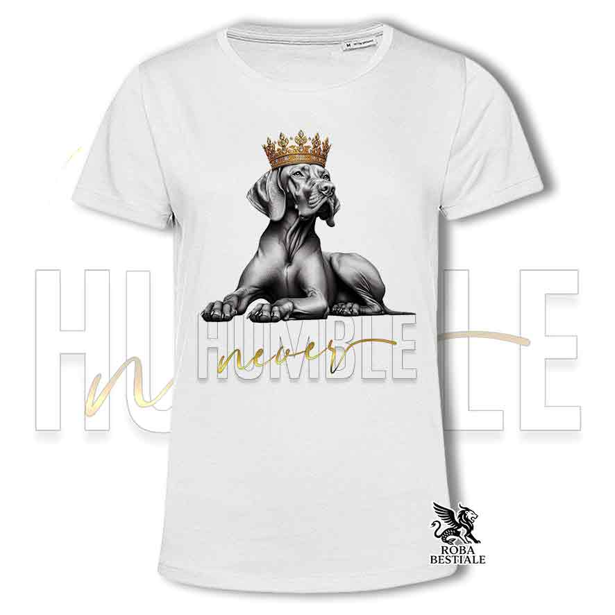 T-shirt stampata con un Bracco Ungherese a pelo corto "Vizla", colore bianco con grafica Never Humble